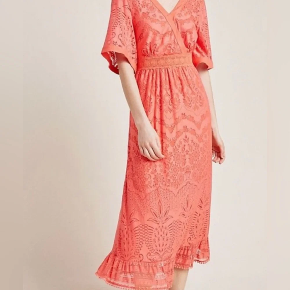 FARM Rio Vibrant Coral Cut Out, Devore, V-neck, peplum Maxi Dress - Picture 2 of 6